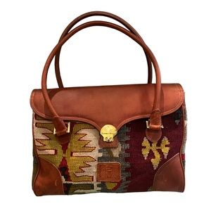 Leather-Trim Woven Pattern Satchel Handbag - Brown & Multicolor
